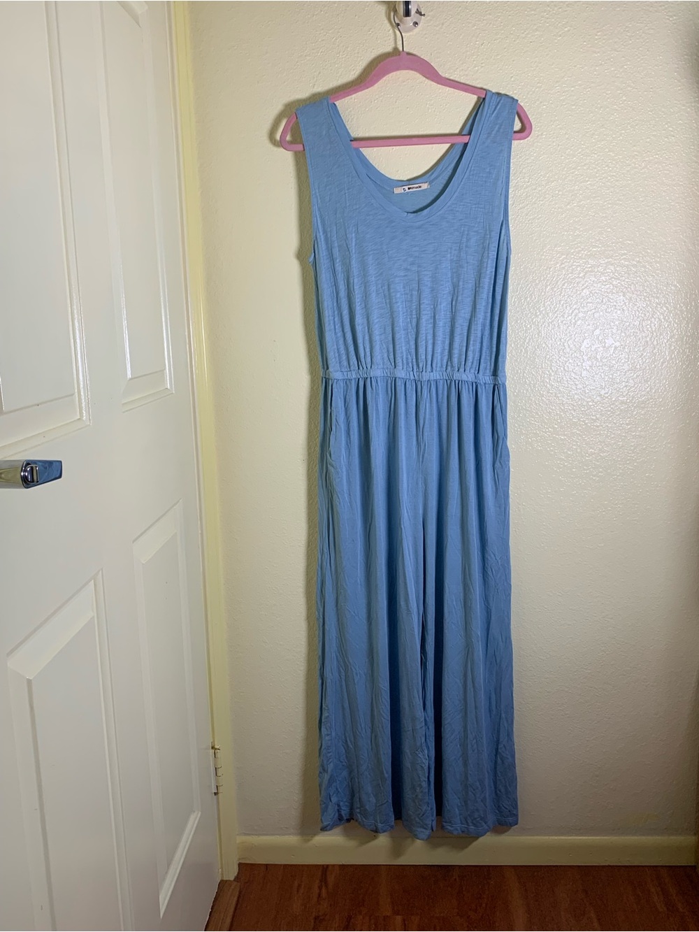 NWOT LA Made Light Blue Sleeveless Jumpsuit with Gathered Waist, Size L